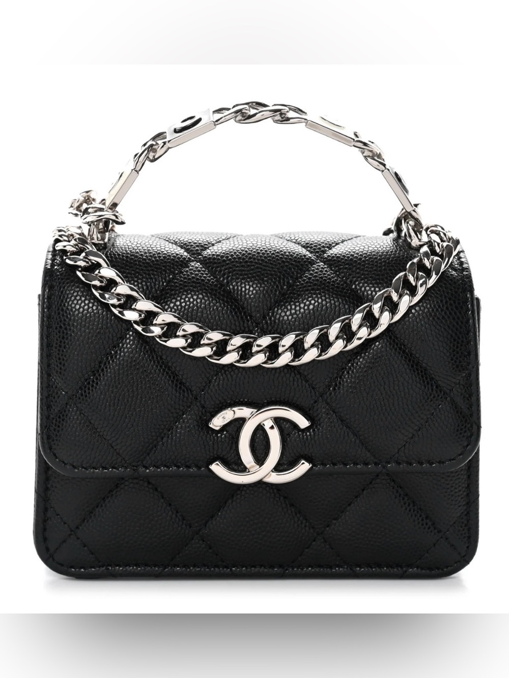 CC Black Quilted Top Handle Mini Bag with Silver Chain